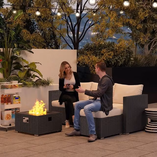 Outsunny Modern Rattan Garden Furniture Set with Fire Pit Table in Black