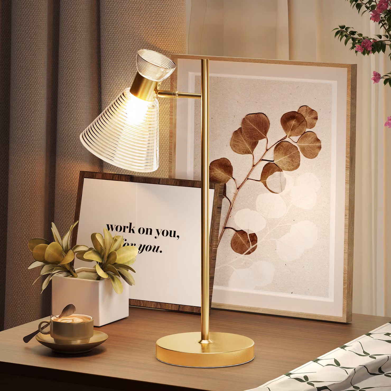 HOMCOM Modern Table Lamp with Adjustable Flower-Shaped Amber Glass Head and Gold Metal Base, E27 Socket – 2