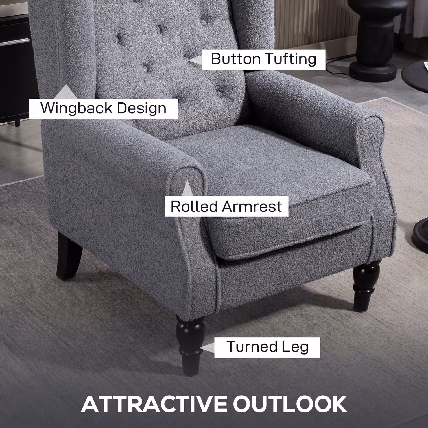 HOMCOM Grey Retro Wingback Accent Chair with Button Tufting and Solid Wood Frame – 3