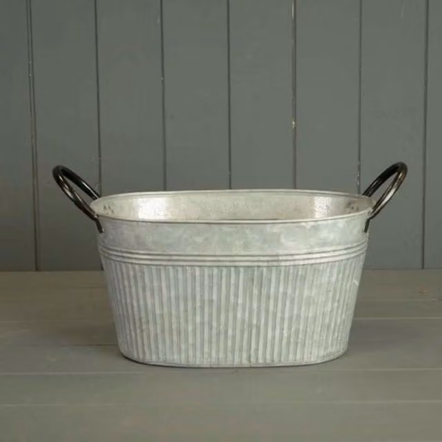 KDMD Grey Oval Ribbed Aged Zinc Metal Tabletop Planter