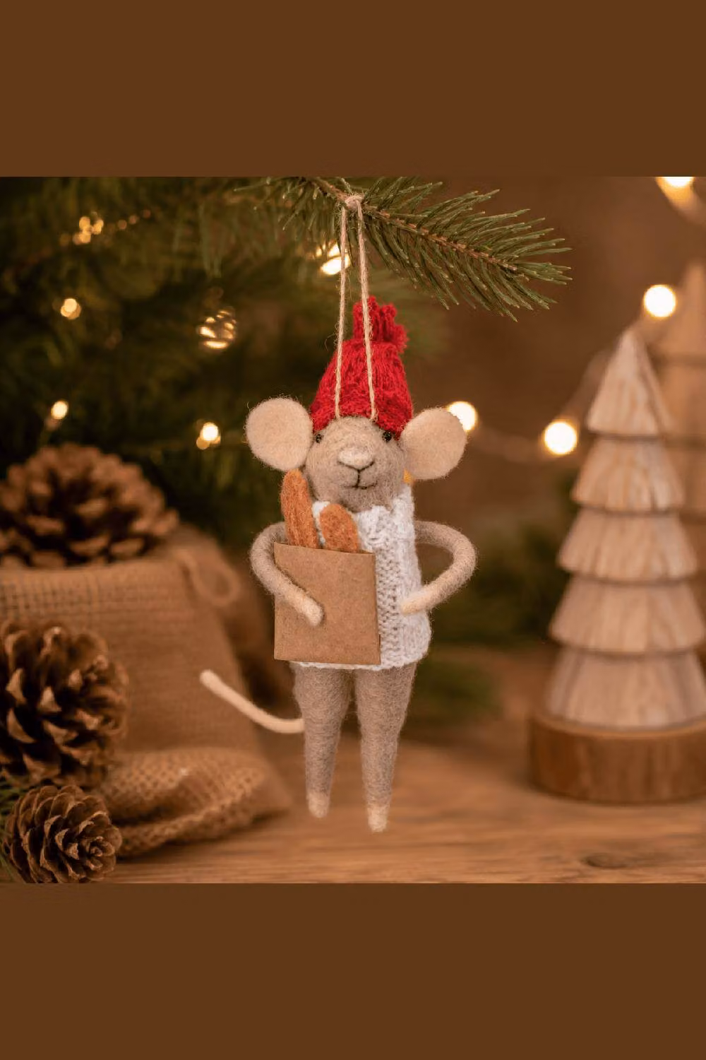 Sass & Belle Brown Felt Mouse with Baguette Christmas Tree Hanging Decoration – 2