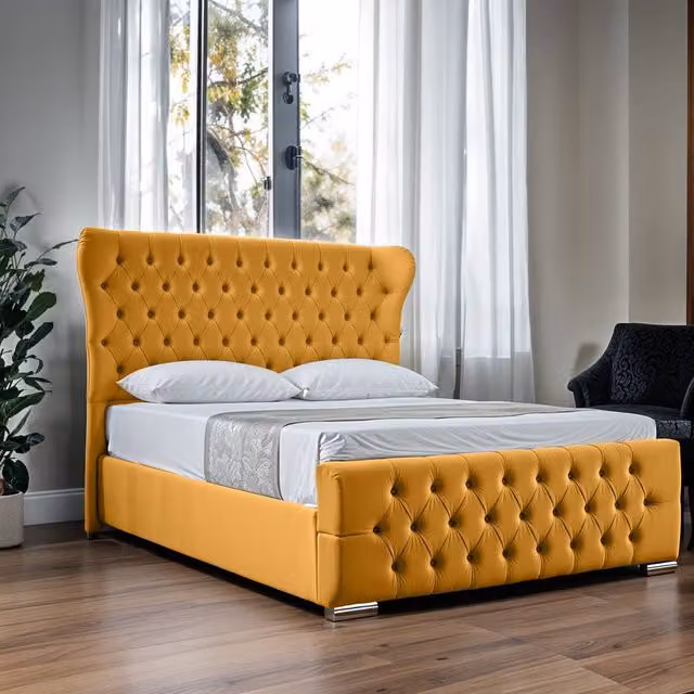 UK Bed Furniture Isabella Upholstered Slatted Base Bed with 48 Inch Wingback Headboard in Yellow Velvet, Size: Double (W/D/H: 140 x 200 cm) – 1