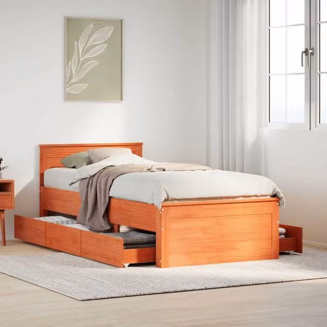Berkfield Home Solid Wood Pine Bed Frame with Headboard in Wax Brown, W/D/H: 90 x 200 cm