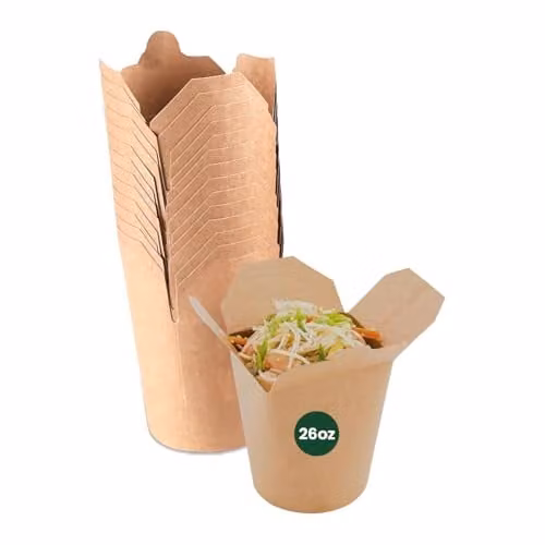 ECONX 50 Pack Brown Kraft Noodle Pots, 26oz Biodegradable Disposable Takeaway Food Containers