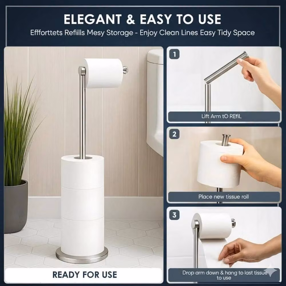 PAWNORA White and Silver 2-in-1 Freestanding Metal Toilet Roll and Spare Roll Holder – 4