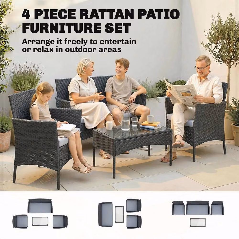 NESTLUNE 4 Piece Black Polyrattan Garden Furniture Set with Upholstered Cushions – 5