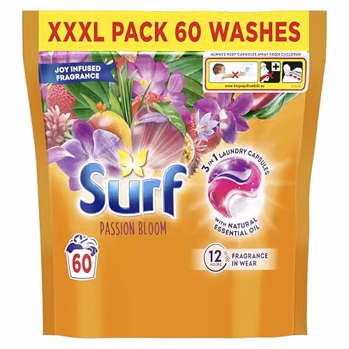 Surf 3 in 1 Passion Bloom Laundry Detergent Capsules with Natural Essential Oil, 60 Washes – 1