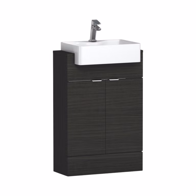 Royal Bathrooms Elena 600mm Floor Standing Vanity Sink Unit in Charcoal Oak with Semi Recessed Basin and 2 Soft Close Doors