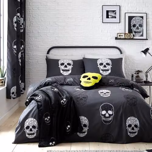 Catherine Lansfield Skulls Reversible Halloween Duvet Cover and Pillowcase Set, Grey and Black, W/D/H: 200 x 200 cm