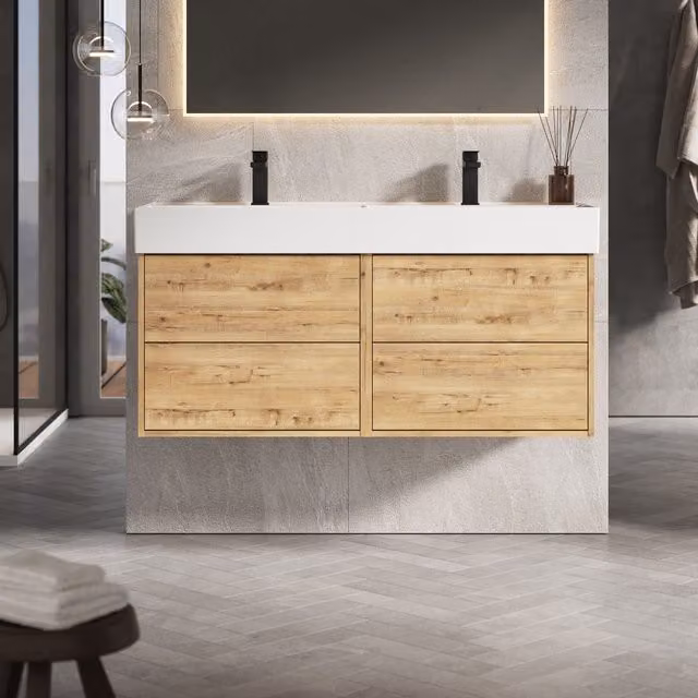 Banyetti Venti 1200mm Wall Hung Vanity Unit with Veneto 2 Tap Hole Basin in Ostippo Light Oak, W/D/H: 120 x 45 x 48 cm – 1