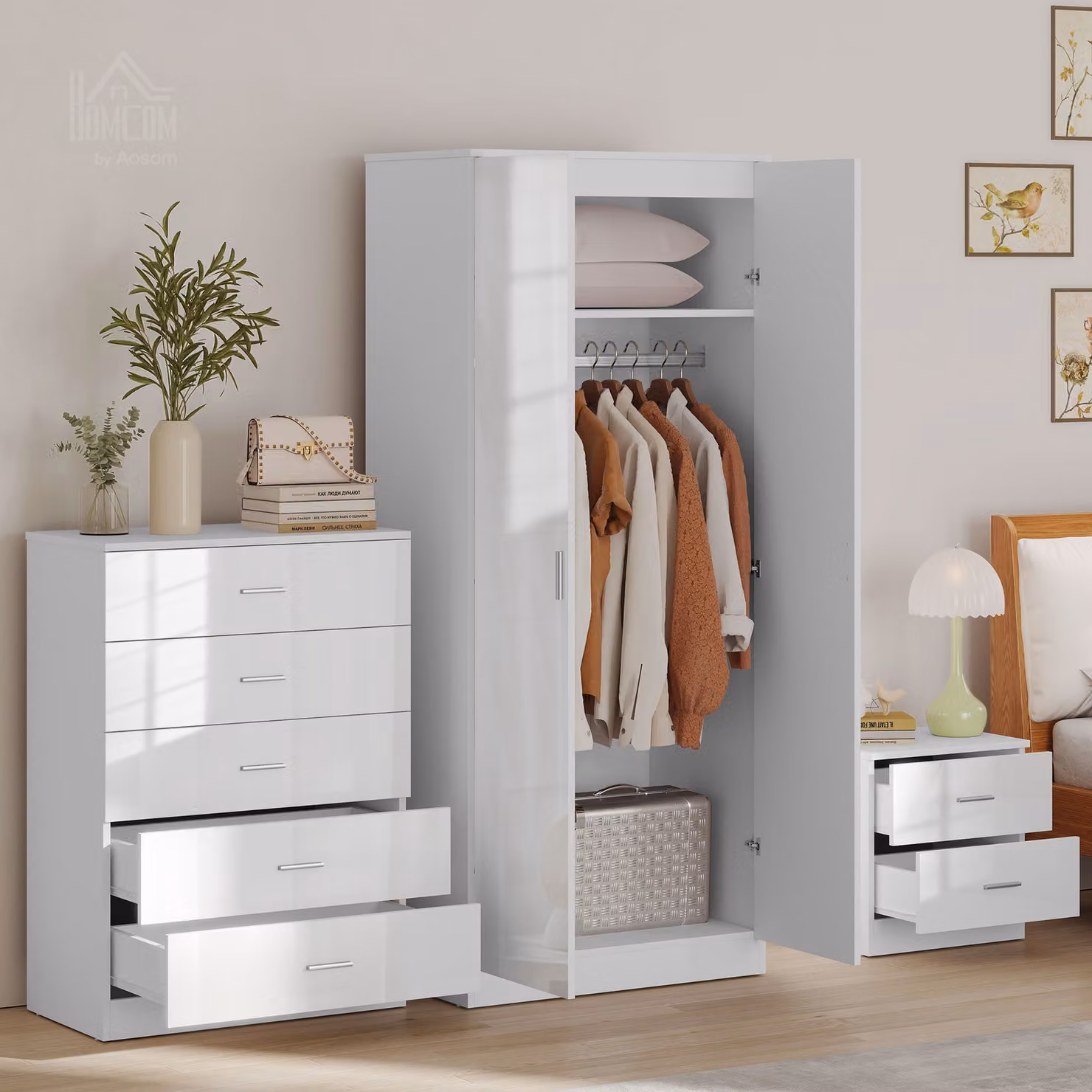 HOMCOM High Gloss 3 Piece Modern Bedroom Furniture Set in White, including Wardrobe, Chest of Drawers and Bedside Table – 2