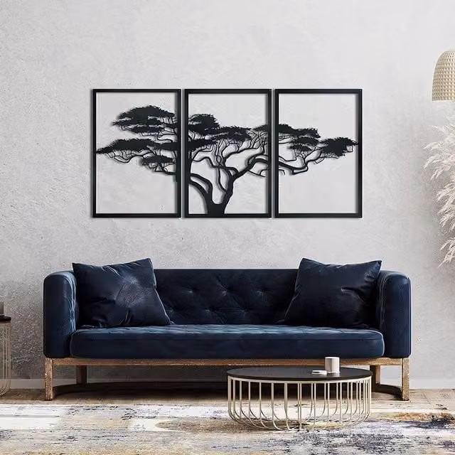 Decortie Afrika Agaci Metal Wall Art, Black Floral and Leaf Design, W: 195 cm, H: 96 cm