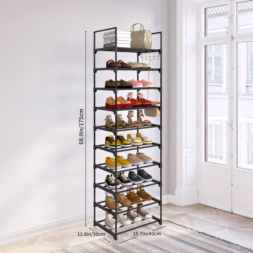 EONLION 10 Tier Black Metal and Plastic Freestanding Shoe Rack Organiser, H 175 x W 50 x D 30 cm – 2