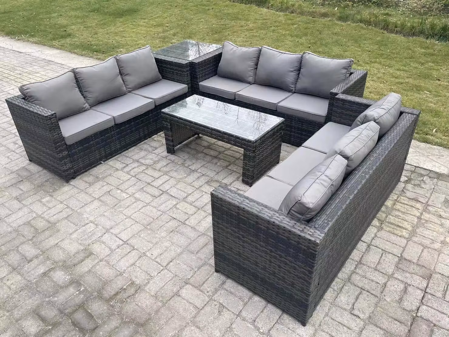 Fimous Dark Grey Polyrattan Outdoor Garden Lounge Sofa Set with Upholstered Cushions and Oblong Rectangular Coffee Table – 3
