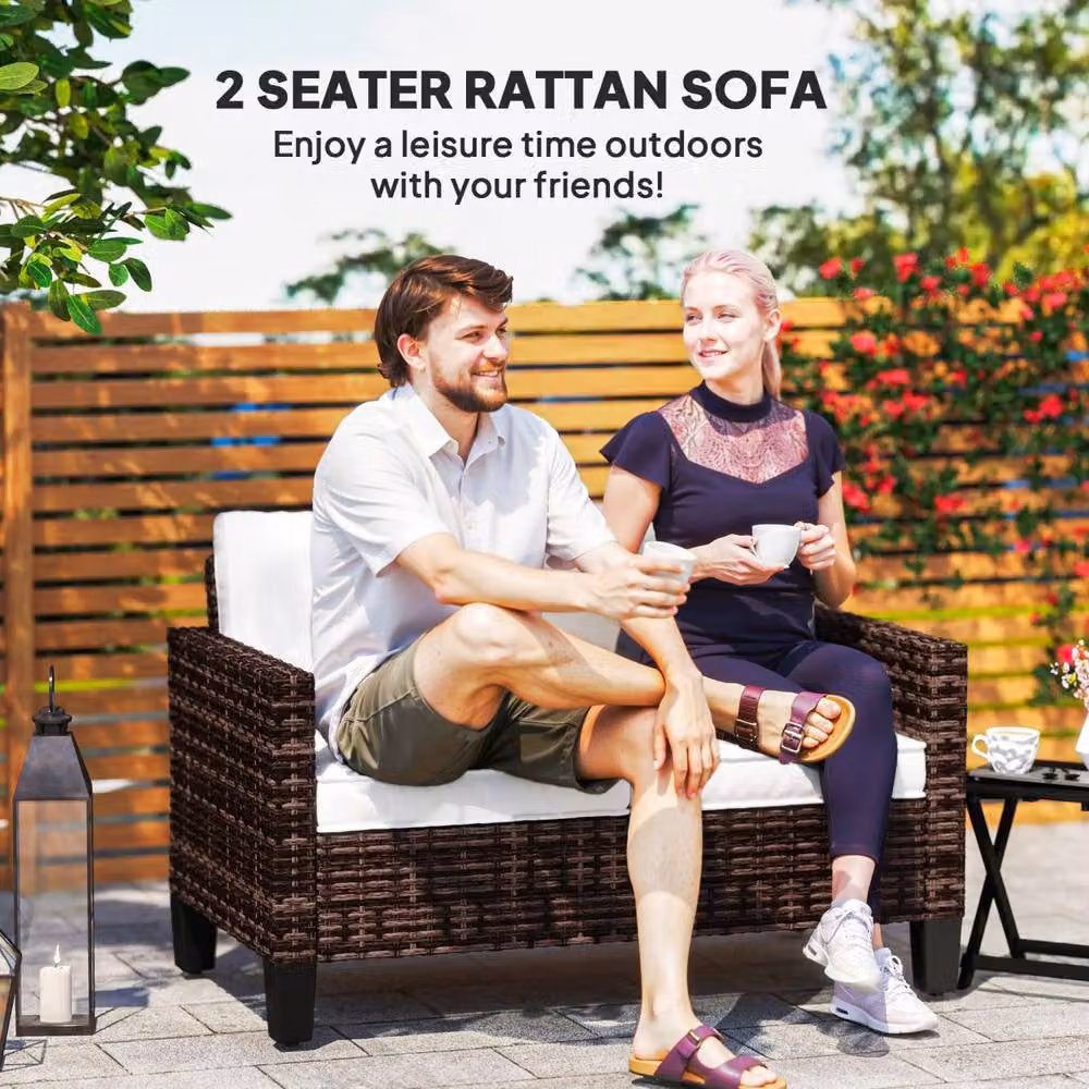 Wyld Haus Palo Brown PE Rattan 2 Seater Outdoor Sofa with Cream Cushions – 3