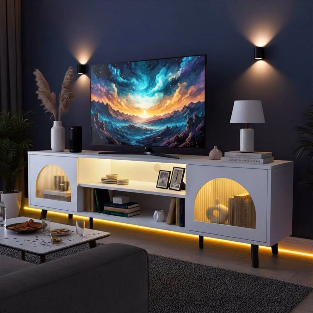 EONLION White Modern TV Stand with 2 Door Storage Cabinet and Glass Details, W/D/H: 160 x 47 x 35 cm – 2