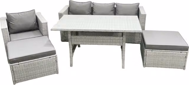 Fimous 6 Seater Rattan Garden Furniture Set with Glass Top Dining Table in Light Grey