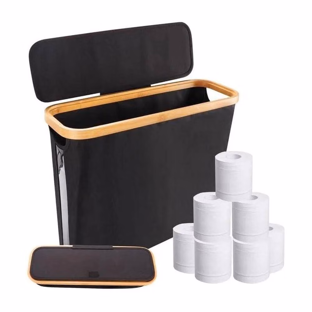 VOGREX Black Waterproof Bamboo Toilet Roll Storage Basket with Lid – 3