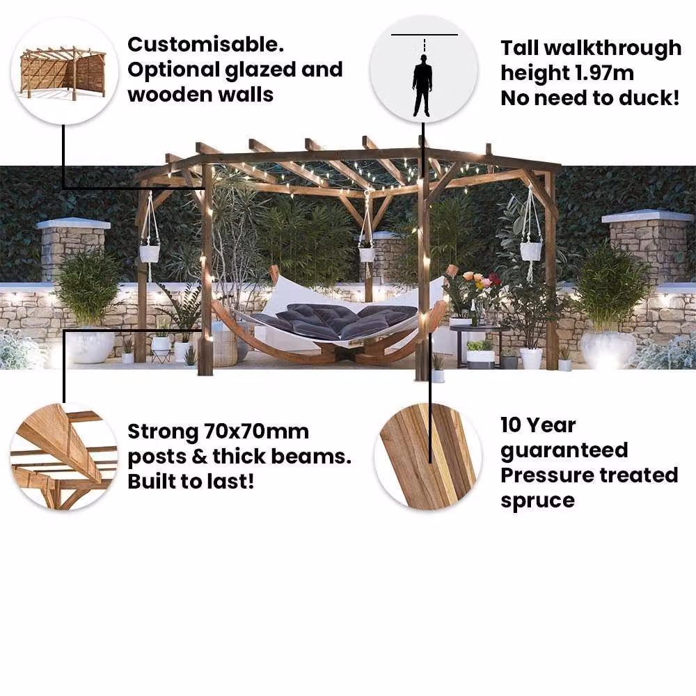 Dunster House Wooden Corner Pergola Kit in Brown with Geometric Design – 6