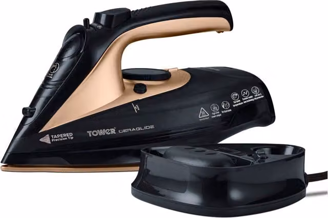 Tower T22008BKG CeraGlide Cordless Steam Iron 2400W with Ceramic Non-Stick Plate and Anti-Calc Function, Black and Gold