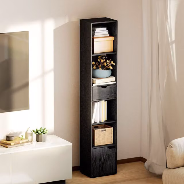 HOMCOM 6 Tier Narrow Modern Bookshelf with Storage, Black