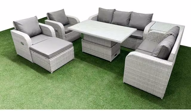 Fimous 8-Piece PE Rattan Garden Sofa Set with Reclining Chairs and Lifting Table in Light Grey