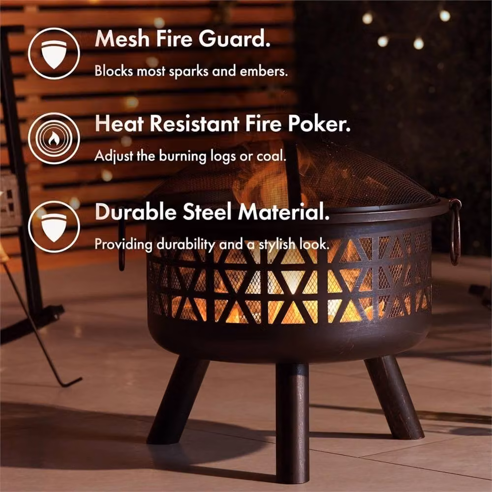 Nordara Geo-Style Metal Fire Bowl in Black with Spark Guard and Poker, Diameter: 100 cm, Height: 15 cm – 3