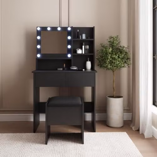 GFW Eva LED Dressing Table Set with LED Mirror and Cushioned Stool in Black