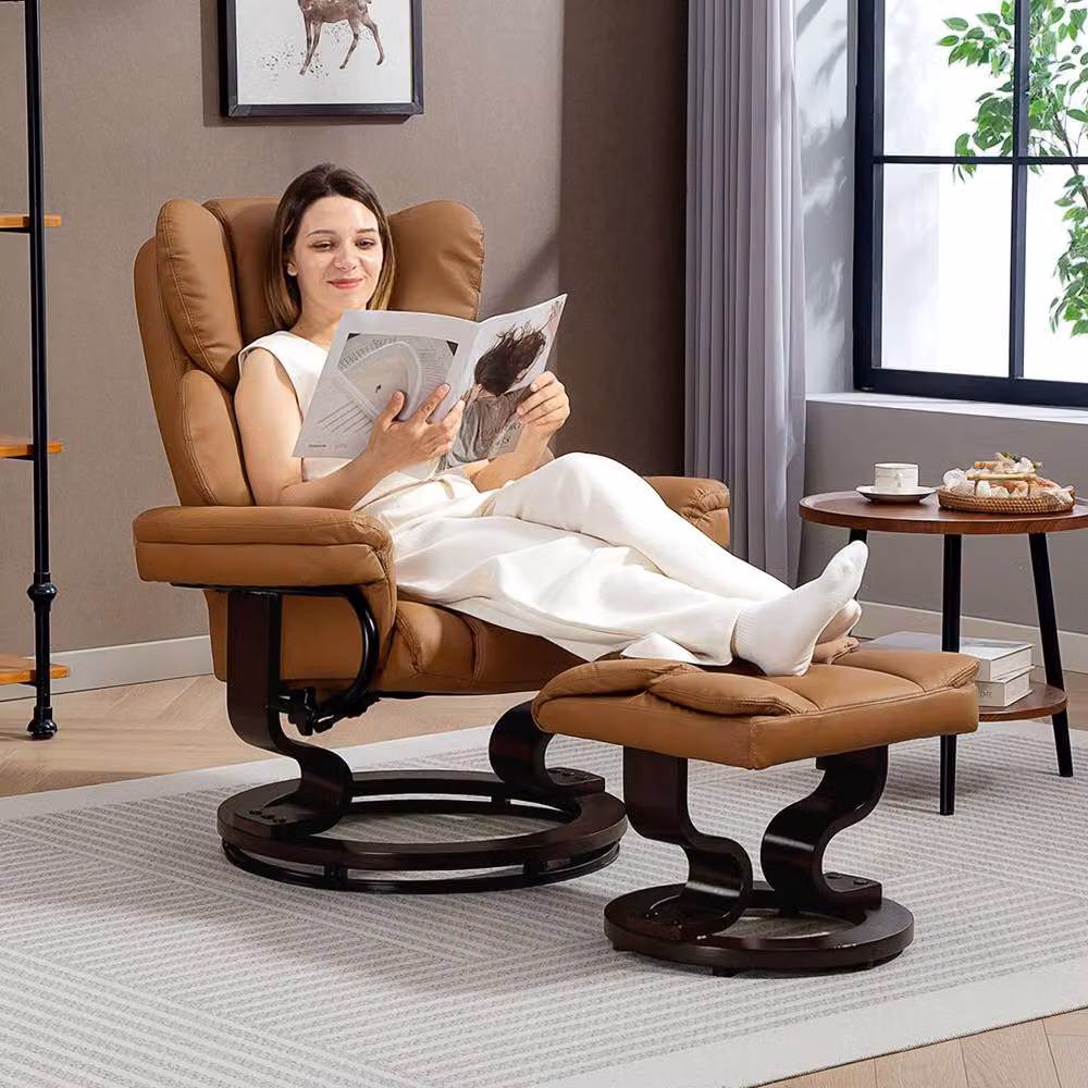 STILVORA Brown Faux Leather Recliner Armchair with Ottoman and 360 Degree Swivel Function – 2