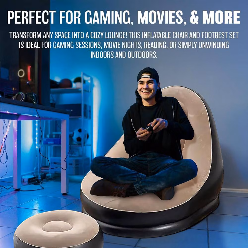 BARGAINS-GALORE 2 Piece Single Inflatable Air Sofa and Footrest Blow Up Lounger Chairs in Multicolour – 4