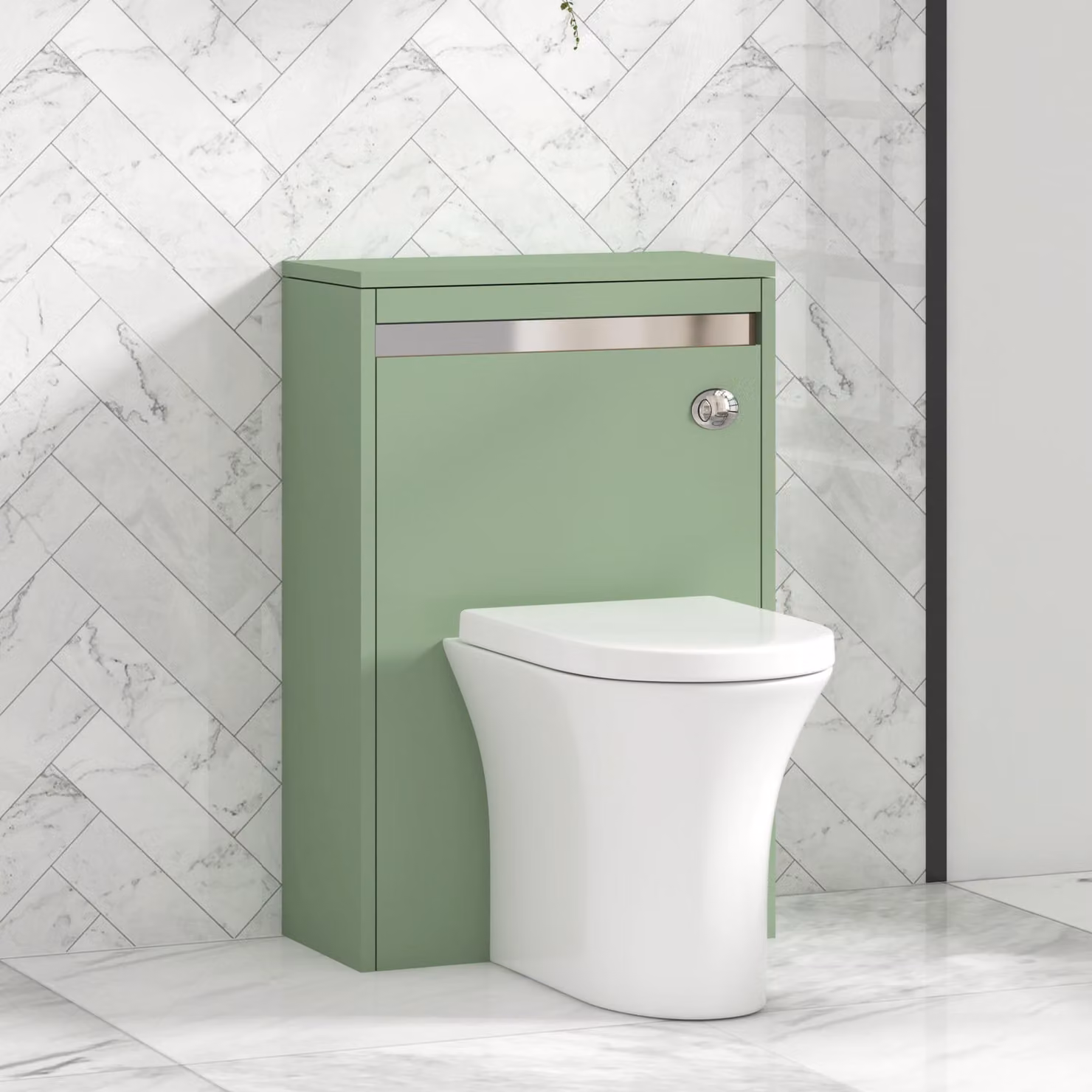 Royal Bathrooms Orion Wall Mounted Mint Sage WC Unit with Breeze Rimless Toilet Pan, Seat and Cistern, Chrome Accent Trim
