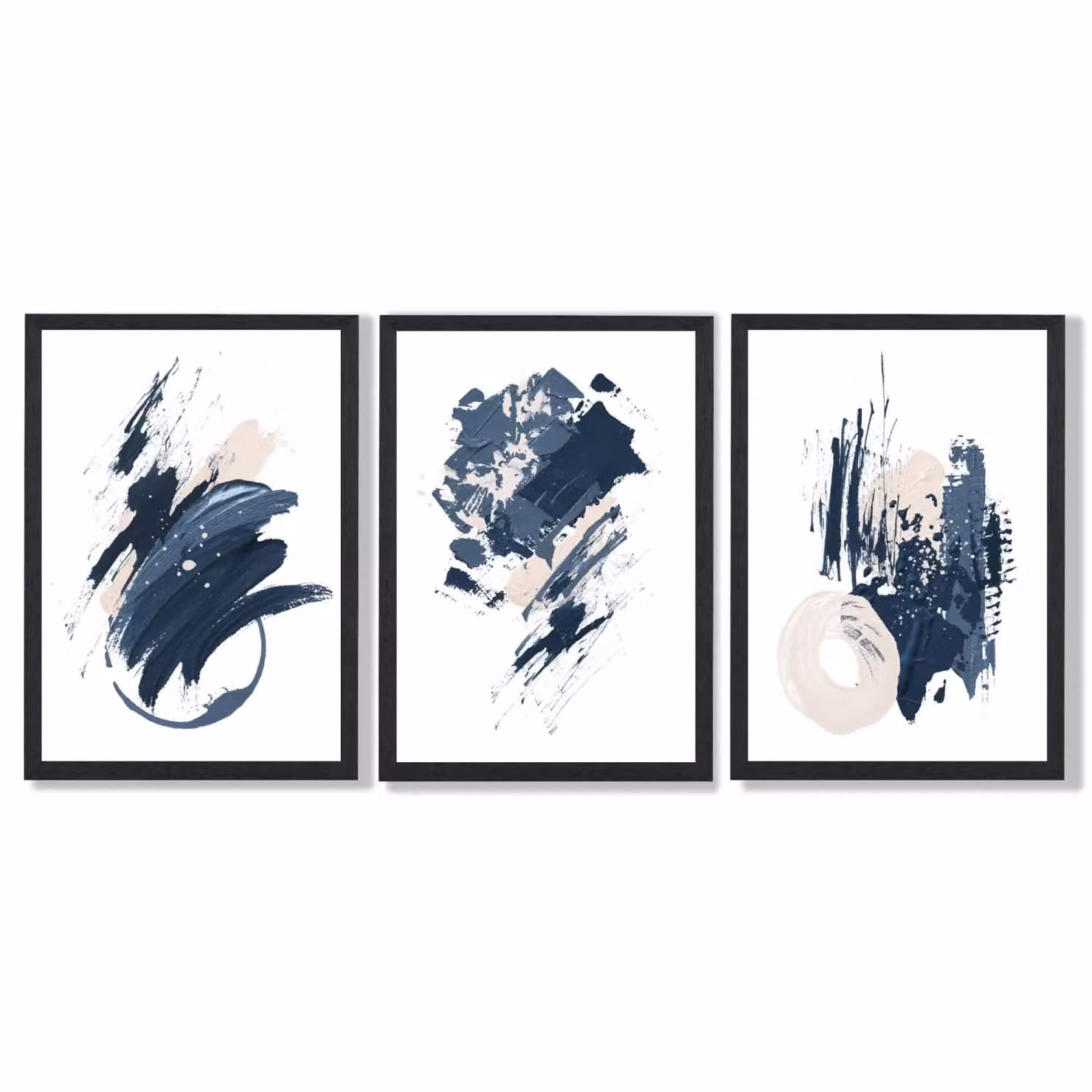 ARTZE Set of 3 Blue Abstract Minimalist Wall Art Prints with Black Frames, W53 x H53 x D2 cm – 2