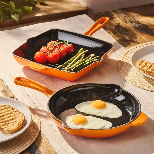 Cooks Professional 2 Piece Enamelled Cast Iron Frying Pan and Skillet Set in Orange – 2