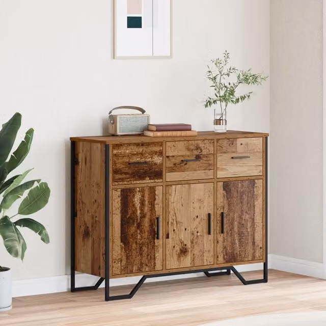 Berkfield Home Rustic Oak Sideboard in Brown, W/D/H: 97 x 32.5 x 74.5 cm