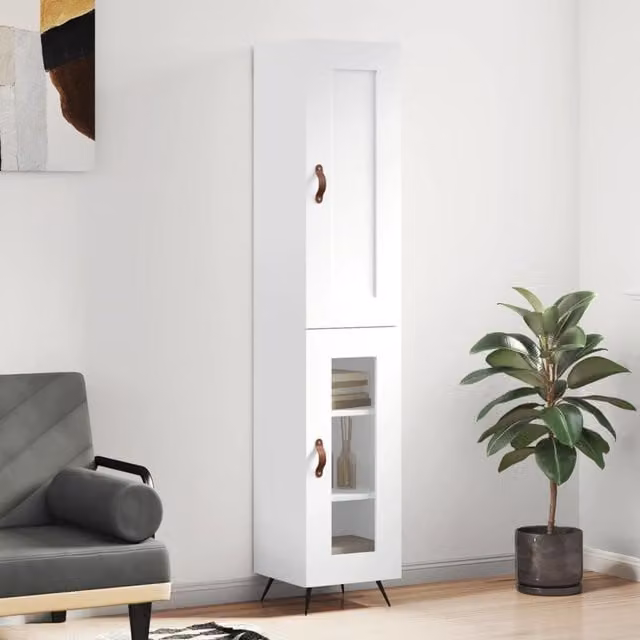 Berkfield Home White Highboard with Glass Doors, W/D/H: 34.5 x 34.0 x 180.0 cm