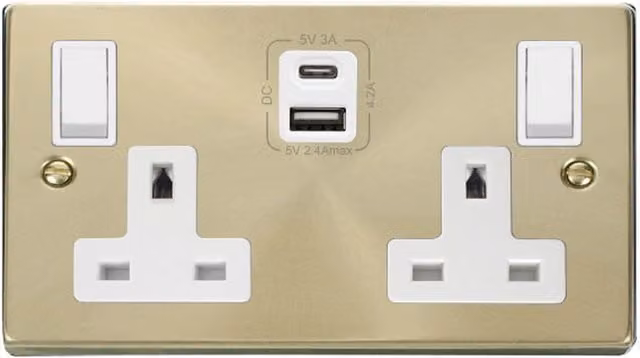 SE HOME Satin Brushed Brass and White 2 Gang 13A Type A USB Twin Double Switched Flush Socket