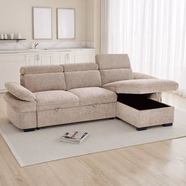 Furnishings For Less UK Blake Reversible 4 Seater Fabric Corner Sofa Bed in Beige, W/D/H: 262 x 166 x 84 cm – 1