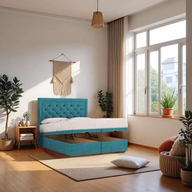 Knight Sleep Athens Single Ottoman Bed with Hybrid Mattress and 24 inch Headboard in Baby Blue