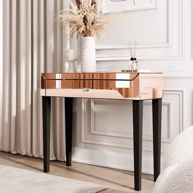 Carme Laguna Dressing Table Console Table in Gold and Black with Glass and Metal Finish