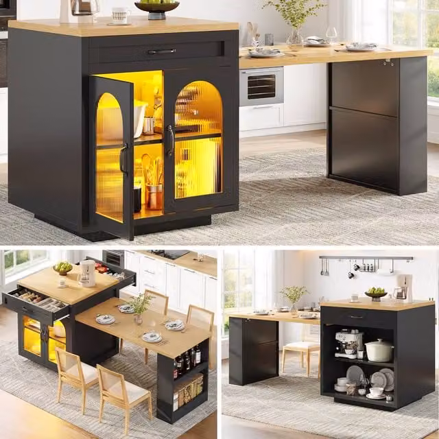 ModernLuxe Extendable Kitchen Island with LEDs and 2 Drawers in Black