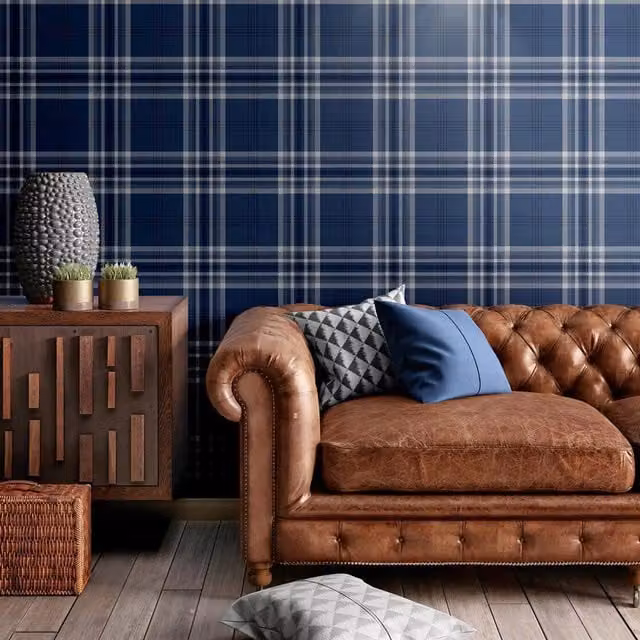 Catherine Lansfield Kelso Check Wallpaper in Navy Blue