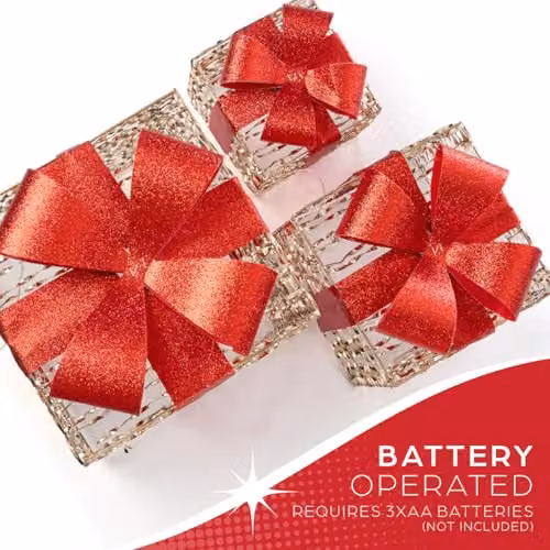 The Christmas Workshop Large Light-Up Gold and Red Gift Box Set of 3 with Warm White LED Lights and Timer Function – 5