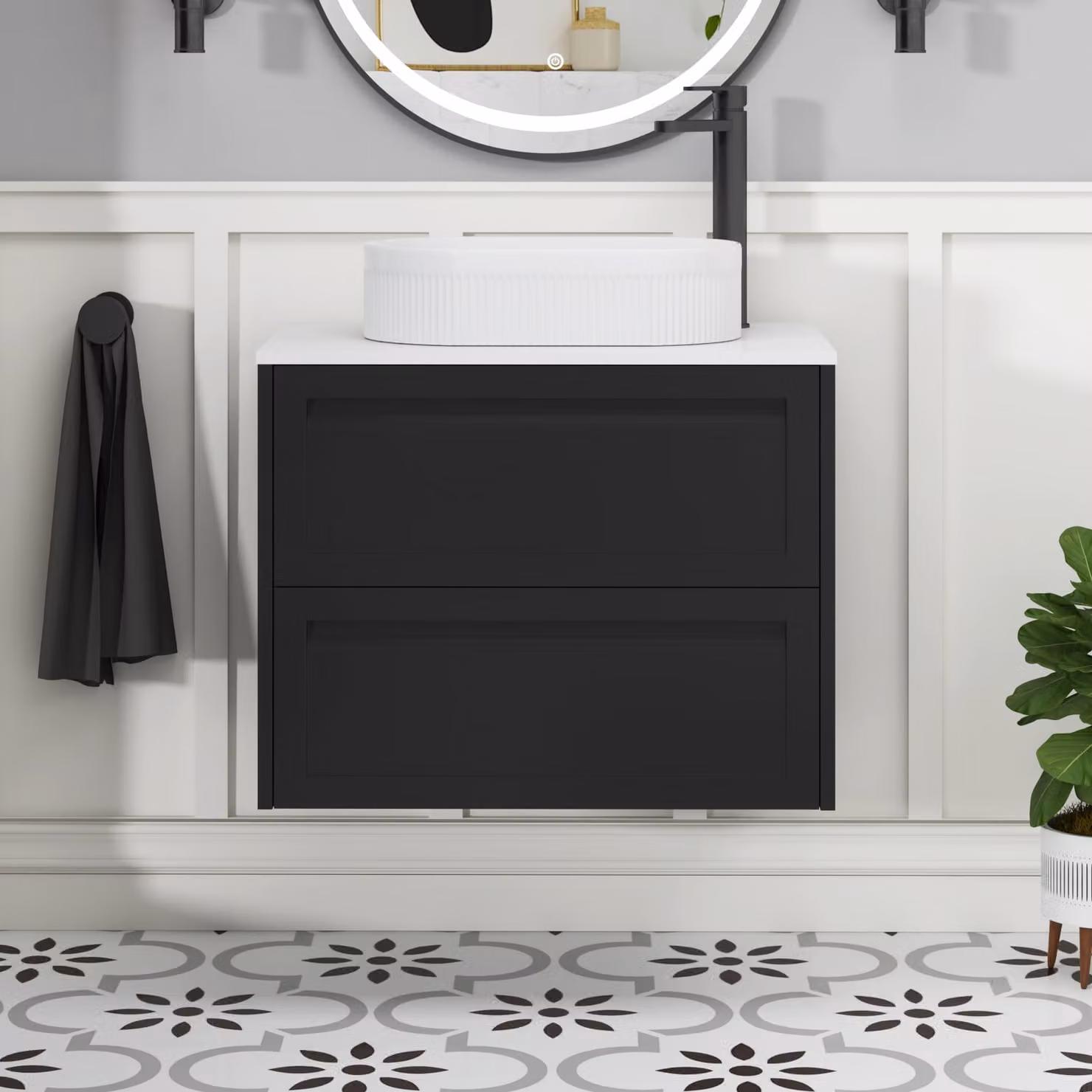 Royal Bathrooms Elmore Wall Hung 2 Drawer Vanity Unit in Matt Nocturne Black with Plain White Worktop