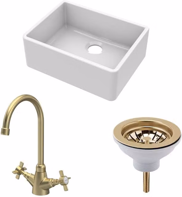 Balterley White Ceramic Single Bowl Butler Sink with Brushed Brass Two Handle Mixer Tap and Waste, W: 595 mm