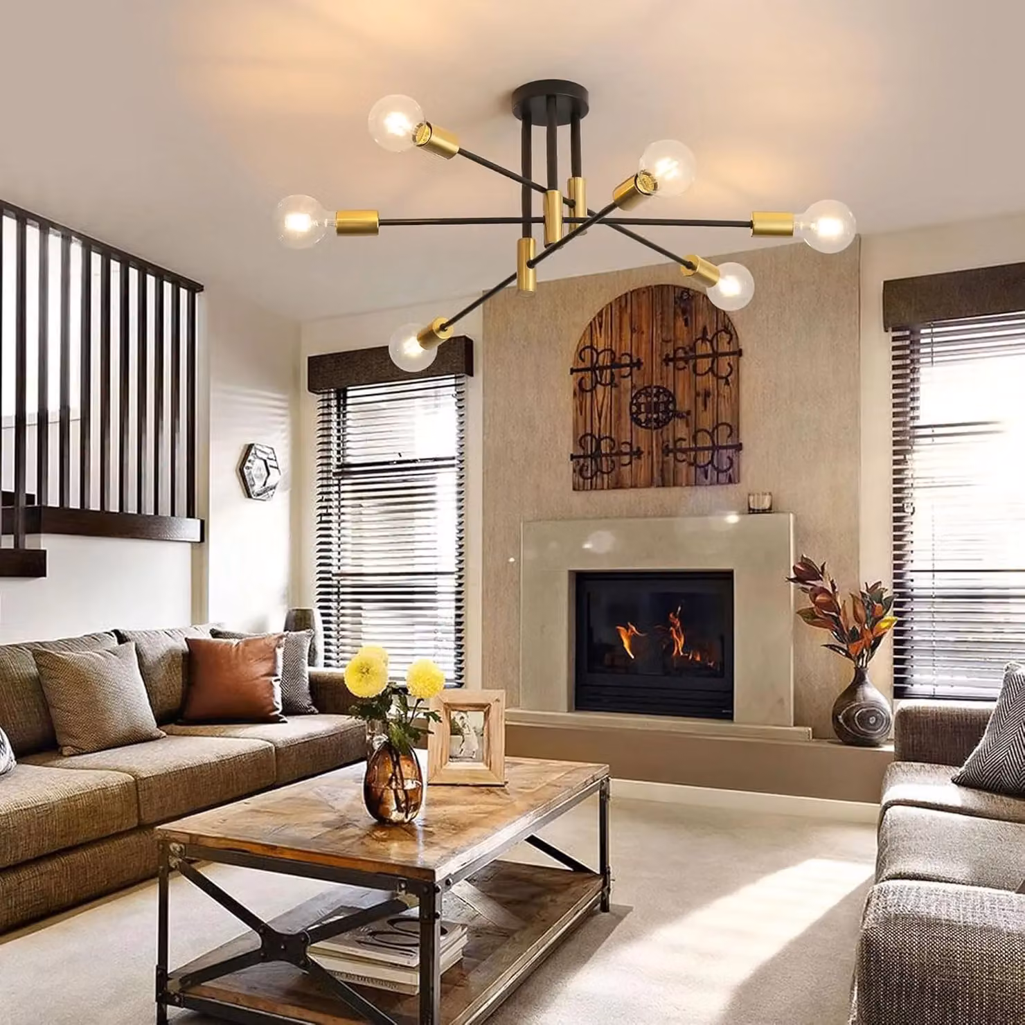 COMELY Sputnik Industrial Ceiling Light, 6-Light Adjustable Metal Design with E27 Sockets in Black or Gold/Brass – 2