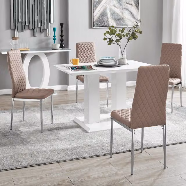 FurnitureboxUK Imperia 4 Seater Modern White High Gloss Rectangular Dining Table and 4 Milan Beige Faux Leather Chairs Set – 1