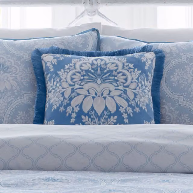 Appletree Blue Floral Velvet Square Filled Cushion W/D/H: 43 x 43 x 43 cm