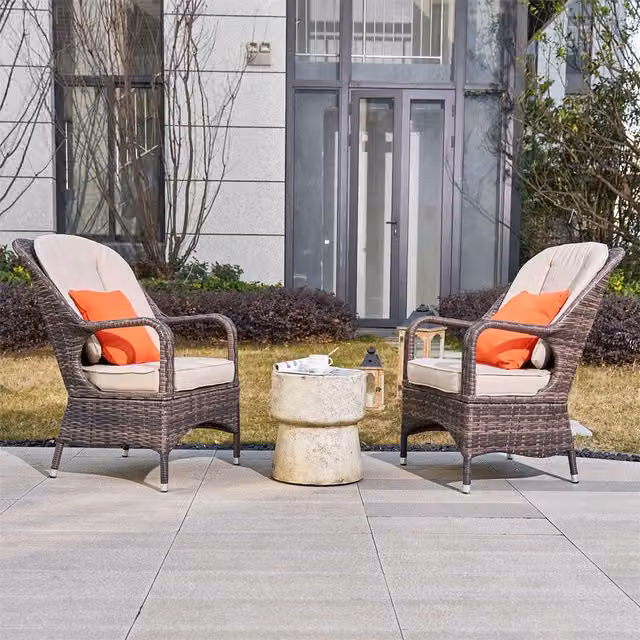 Abrihome Set of 2 Outdoor Dining Chairs and Side Coffee Table in Brown Rattan and Aluminium
