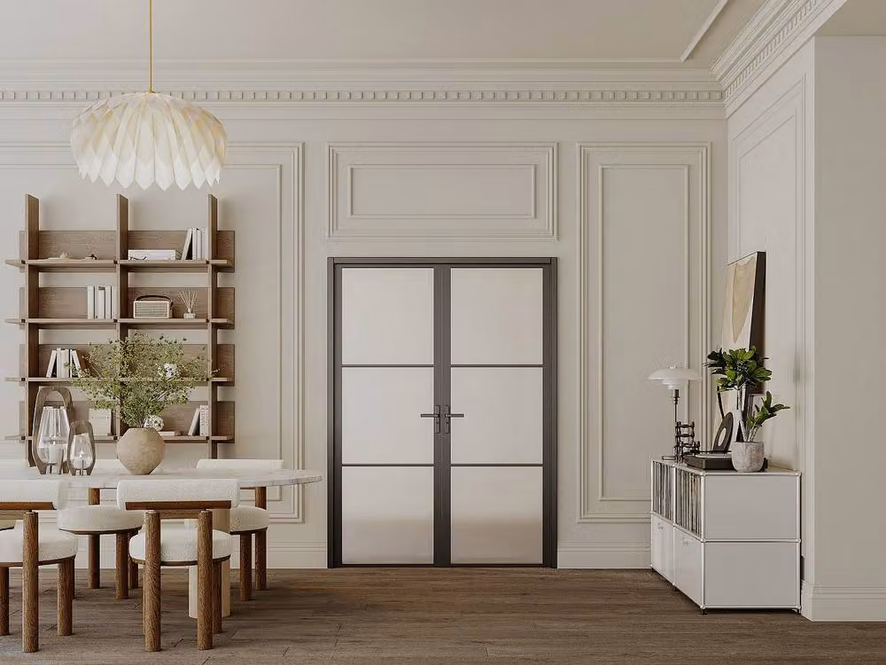 Vente-unique Reversible Double-Leaf Swing Door in Black Aluminium and Frosted Glass – 2