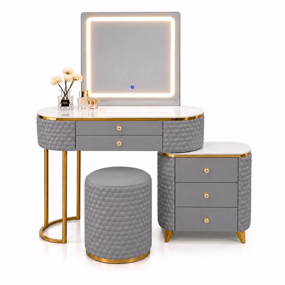 MN Furniture Modern Luxury Grey Dressing Table with LED Mirror, Stool and Cabinet, Width: 130 cm – 2
